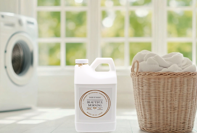laundry room with a front end loader washing machine and towels in a brown weaved basket beside the basket is a jug of bain st home Beautiful Morning laundry detergent 32 ounce