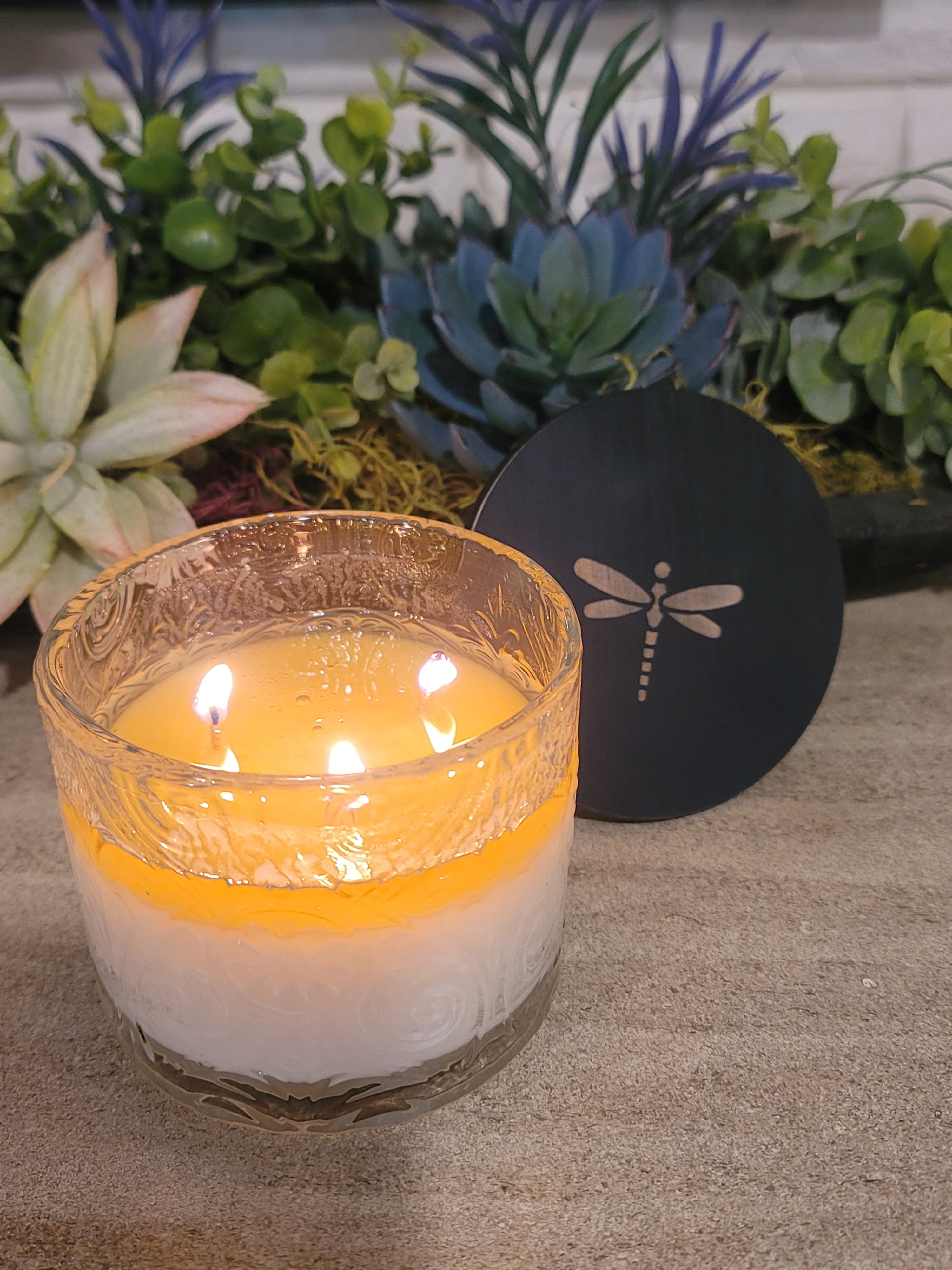 Dragonfly Luxury 3-Wick Scented Soy Candle - Clear Embossed Glass (14 oz)
